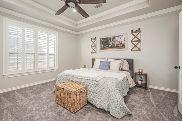2900 S County Rd 1092, Midland, TX 79706 - bedroom featuring baseboards, crown molding, carpet floors, visible vents, and a raised ceiling