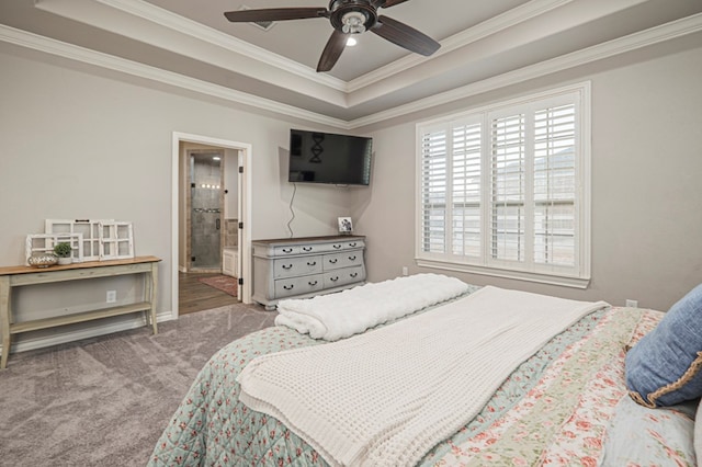 2900 S County Rd 1092, Midland, TX 79706 - carpeted bedroom with ornamental molding, a raised ceiling, connected bathroom, and a ceiling fan
