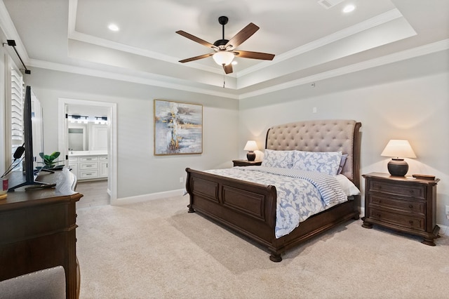 3100 Fairfield Ln, Midland, TX 79705 - bedroom with a tray ceiling, baseboards, light colored carpet, ornamental molding, and ensuite bathroom