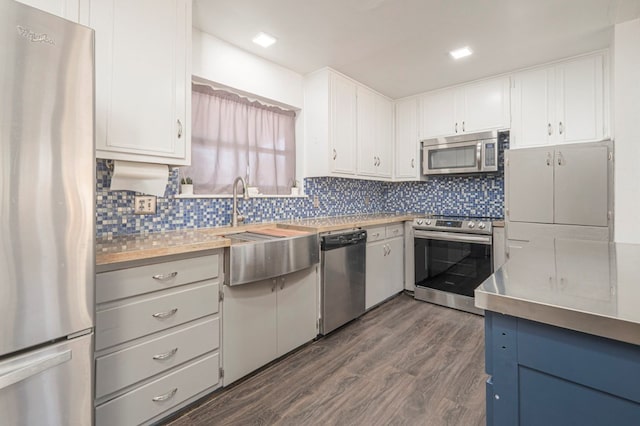 kitchen with sink, tasteful backsplash, appliances with stainless steel finishes, dark hardwood / wood-style floors, and white cabinets