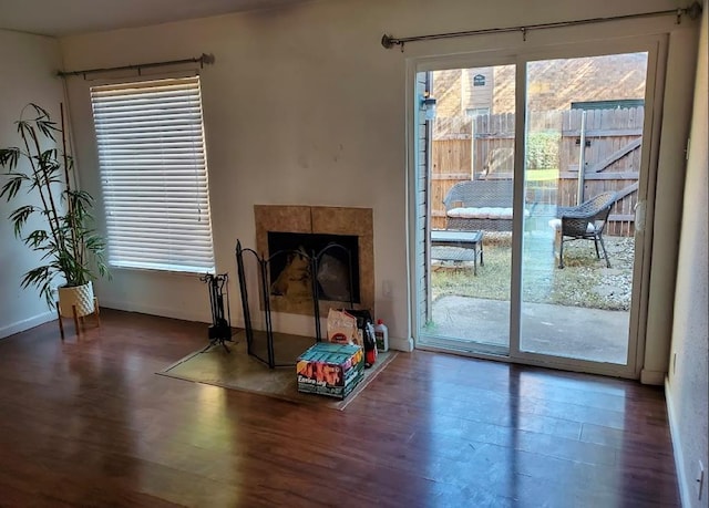 interior space featuring a fireplace and dark wood-type flooring