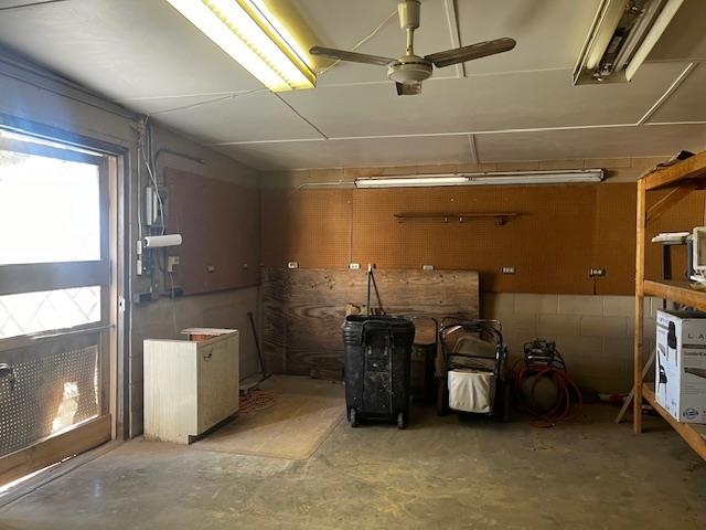 1807 W 9th St, Fort Stockton, TX 79735 - below grade area featuring a ceiling fan and concrete block wall