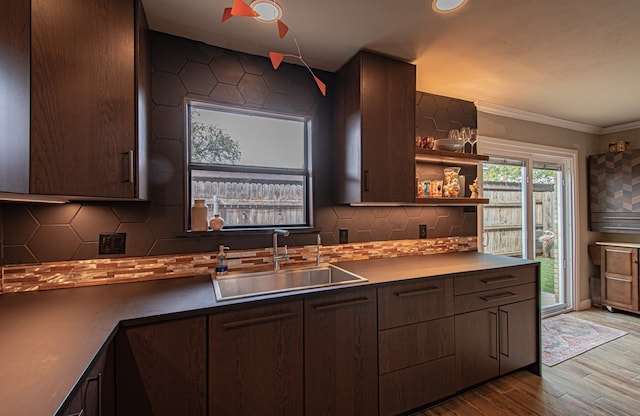 kitchen with backsplash, dark brown cabinets, light wood-type flooring, and sink