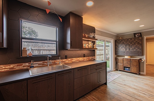 kitchen featuring light wood-type flooring, backsplash, ornamental molding, dark brown cabinets, and sink