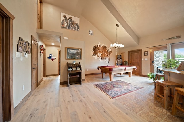 game room with high vaulted ceiling, light wood-type flooring, and billiards