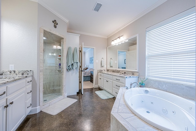 bathroom with a shower stall, a whirlpool tub, vanity, ornamental molding, and ensuite bathroom