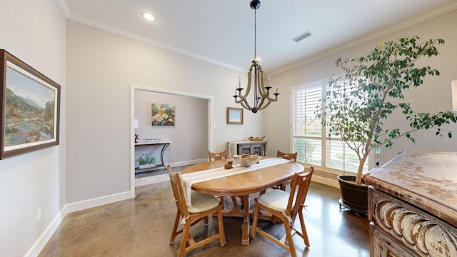dining space featuring concrete floors, baseboards, crown molding, a chandelier, and recessed lighting