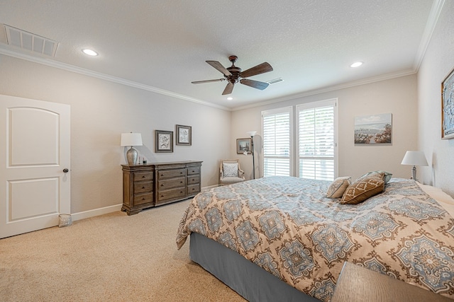 bedroom with light colored carpet, recessed lighting, crown molding, baseboards, and a ceiling fan