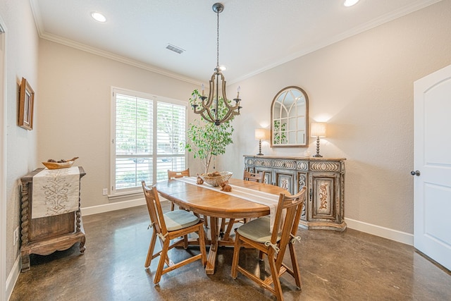 dining space featuring baseboards, concrete floors, recessed lighting, and crown molding
