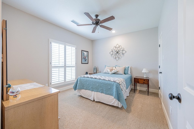 bedroom featuring light carpet, baseboards, ceiling fan, and recessed lighting