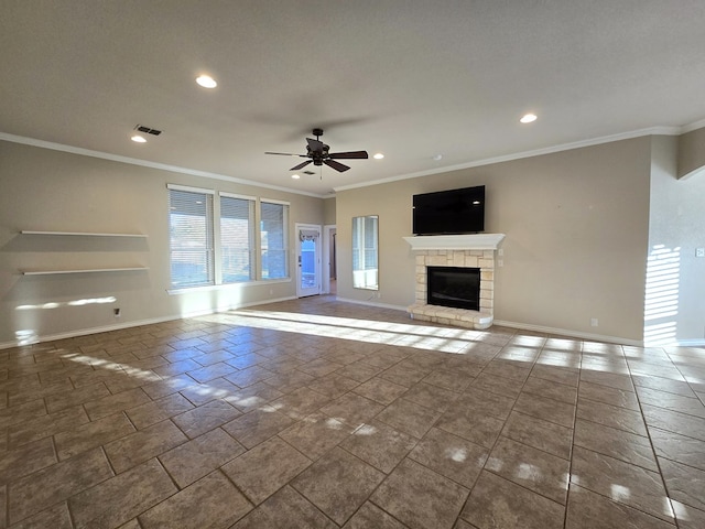 unfurnished living room with baseboards, ceiling fan, a fireplace, and recessed lighting