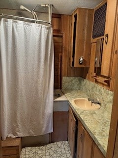 bathroom featuring vanity and curtained shower