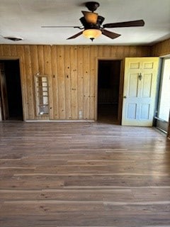 interior space featuring wooden walls and dark wood-type flooring