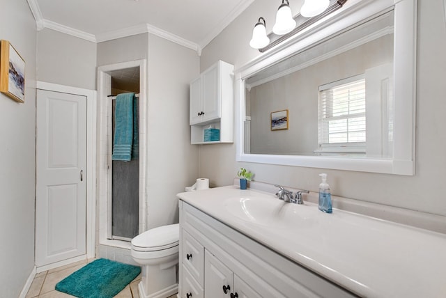 3211 W Shandon Ave, Midland, TX 79705 - bathroom featuring crown molding, a shower stall, vanity, toilet, and tile patterned floors