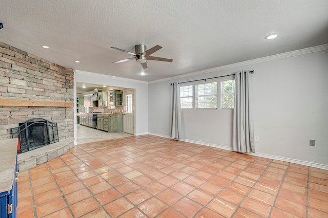 2601 Dengar Ave W, Midland, TX 79705 - unfurnished living room with ceiling fan, crown molding, a stone fireplace, recessed lighting, and baseboards