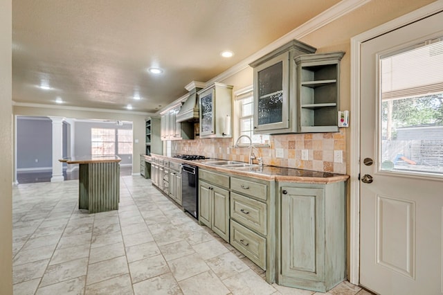 2601 Dengar Ave W, Midland, TX 79705 - kitchen featuring open shelves, a sink, crown molding, decorative backsplash, and custom range hood