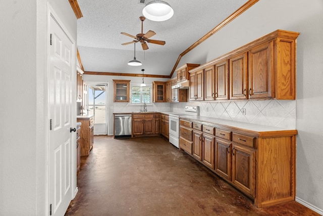 kitchen featuring dishwasher, backsplash, crown molding, white electric stove, and ceiling fan