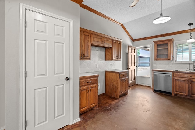 kitchen with a textured ceiling, crown molding, decorative light fixtures, dishwasher, and lofted ceiling