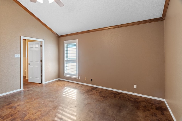 unfurnished room with ceiling fan, carpet floors, vaulted ceiling, a textured ceiling, and ornamental molding