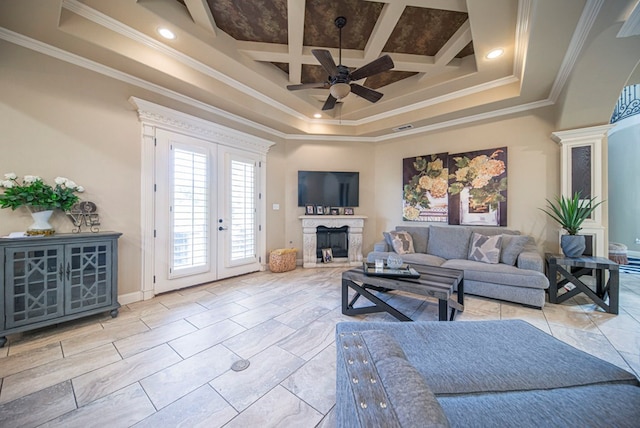 living room featuring beamed ceiling, ornamental molding, french doors, and coffered ceiling