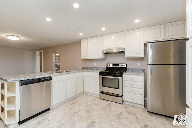 kitchen with kitchen peninsula, sink, white cabinets, and stainless steel appliances