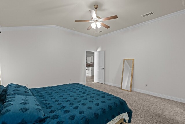 1220 Wrangler Ln, Midland, TX 79705 - bedroom featuring a ceiling fan, ornamental molding, visible vents, carpet flooring, and baseboards