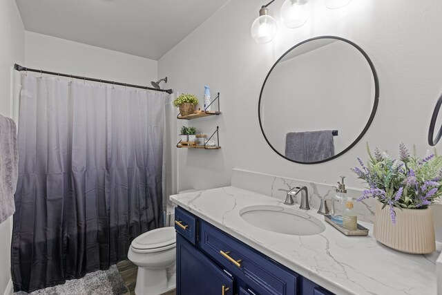 1220 Wrangler Ln, Midland, TX 79705 - bathroom featuring toilet, wood finished floors, vanity, and a shower with curtain