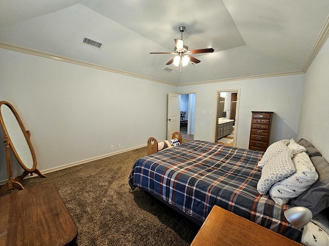 916-B Bronstad Dr, Andrews, TX 79714 - bedroom with carpet floors, ornamental molding, lofted ceiling, ensuite bath, and ceiling fan