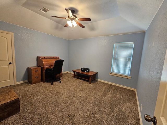 916-B Bronstad Dr, Andrews, TX 79714 - carpeted office space with ceiling fan, a textured wall, and lofted ceiling