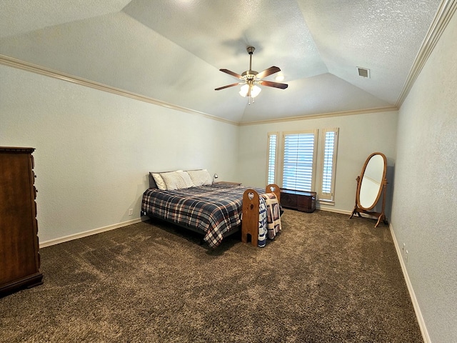 916-B Bronstad Dr, Andrews, TX 79714 - bedroom with vaulted ceiling, carpet floors, a textured wall, ornamental molding, and a ceiling fan