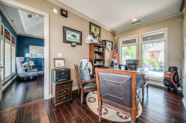 office area featuring hardwood / wood-style flooring and ornamental molding