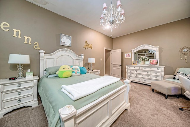 bedroom featuring light carpet and a notable chandelier