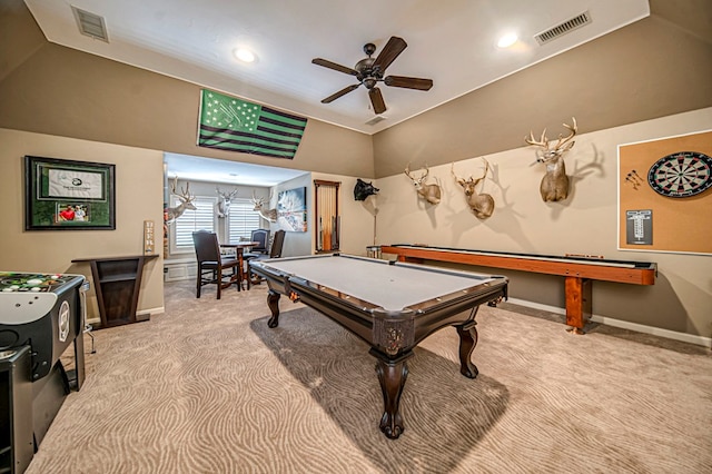 rec room featuring light carpet, vaulted ceiling, ceiling fan, and billiards