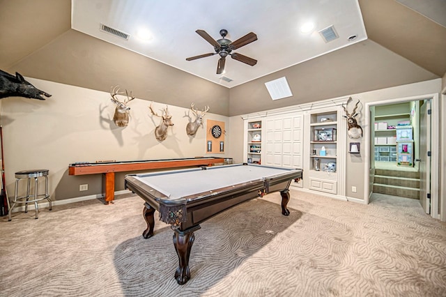 game room with ceiling fan, light colored carpet, lofted ceiling, and pool table