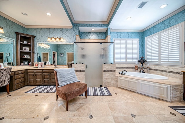 bathroom with vanity, ornamental molding, and shower with separate bathtub