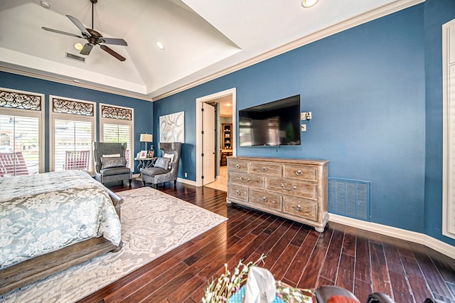 bedroom with ceiling fan, dark hardwood / wood-style flooring, vaulted ceiling, and ornamental molding