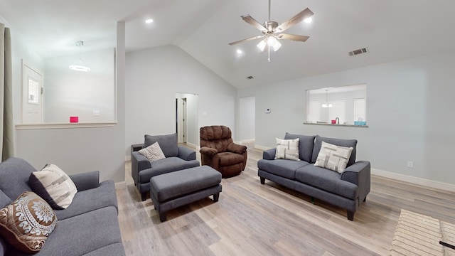 4732 Harvard Ave, Midland, TX 79703 - living room featuring wood finished floors, lofted ceiling, a ceiling fan, baseboards, and recessed lighting