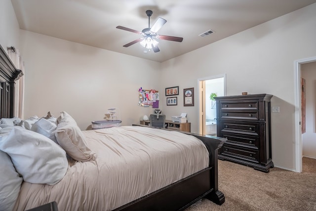 bedroom featuring visible vents, ceiling fan, light colored carpet, and baseboards