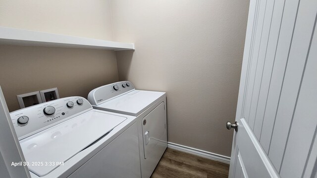 1104 Osprey Dr, Midland, TX 79706 - laundry area featuring baseboards, washing machine and dryer, laundry area, and dark wood-type flooring