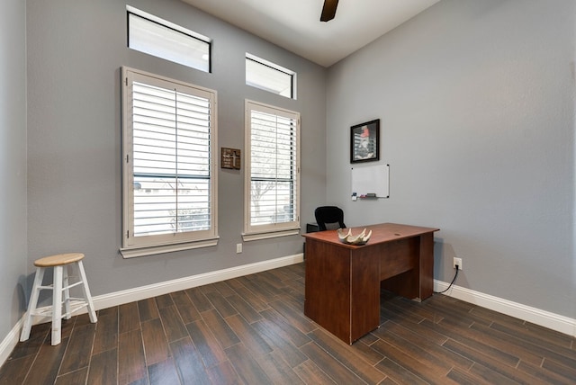 office featuring ceiling fan and dark hardwood / wood-style flooring