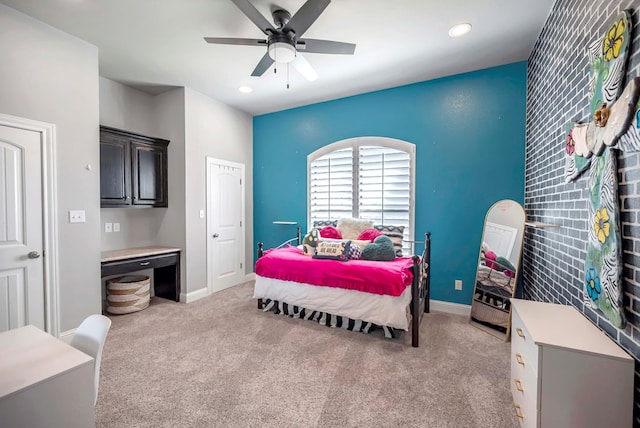 bedroom featuring light carpet, recessed lighting, baseboards, and ceiling fan