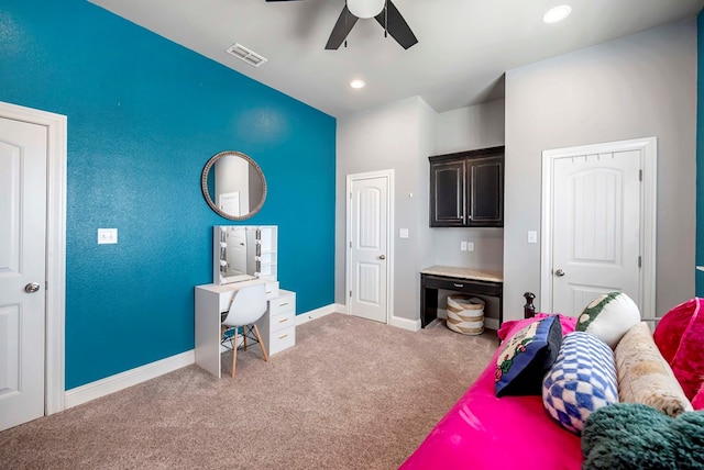 carpeted bedroom with recessed lighting, visible vents, baseboards, and a ceiling fan