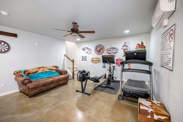 exercise room featuring a ceiling fan, recessed lighting, baseboards, and a wall mounted air conditioner