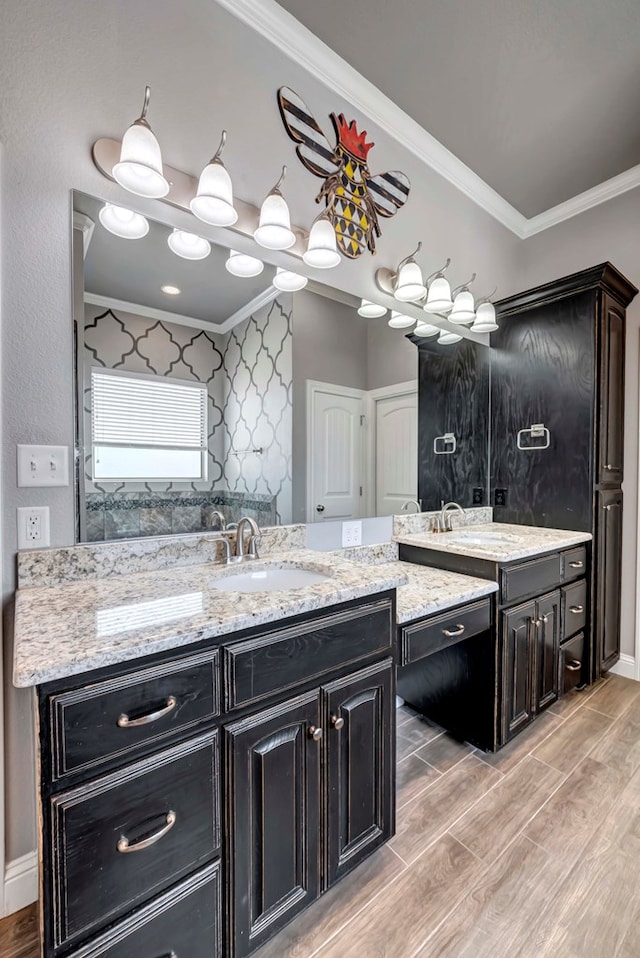 bathroom featuring vanity, ornamental molding, and wood finish floors