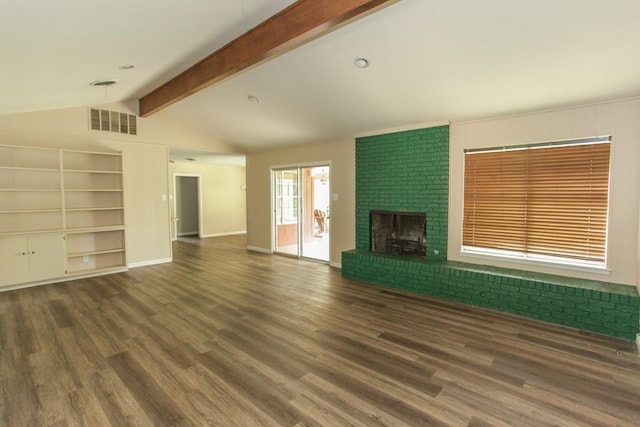 unfurnished living room with a fireplace, vaulted ceiling with beams, and dark wood-type flooring