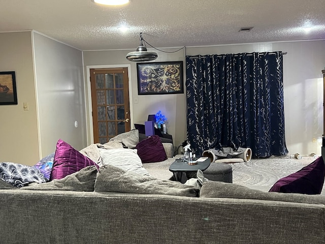 living room with a textured ceiling