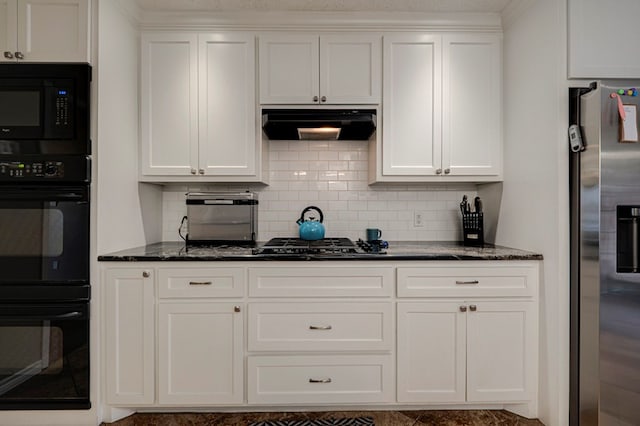 kitchen featuring under cabinet range hood, black appliances, white cabinets, and dark stone countertops