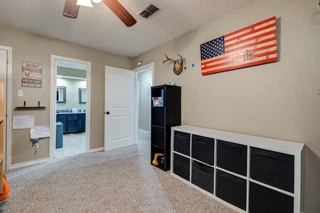 interior space with visible vents, a textured ceiling, baseboards, and carpet floors