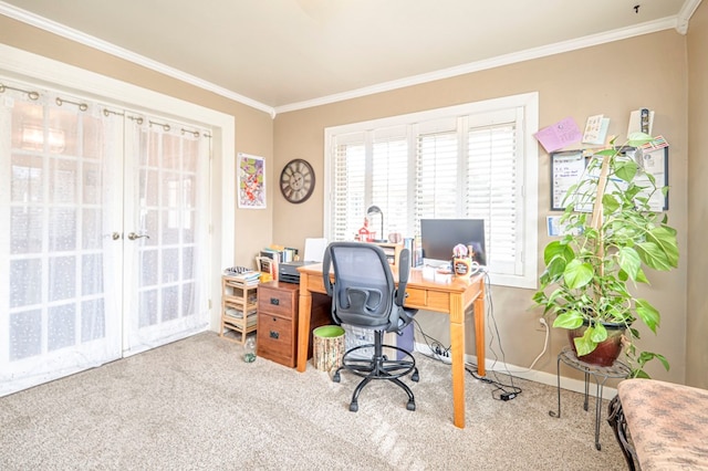 carpeted home office with crown molding and french doors