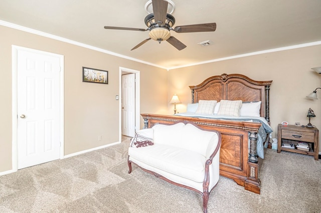 bedroom featuring light colored carpet, ceiling fan, and crown molding